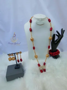 Elongated New Design Red Authentic Traditional Coral Beads with Gold Plated Necklace Jewellery Set