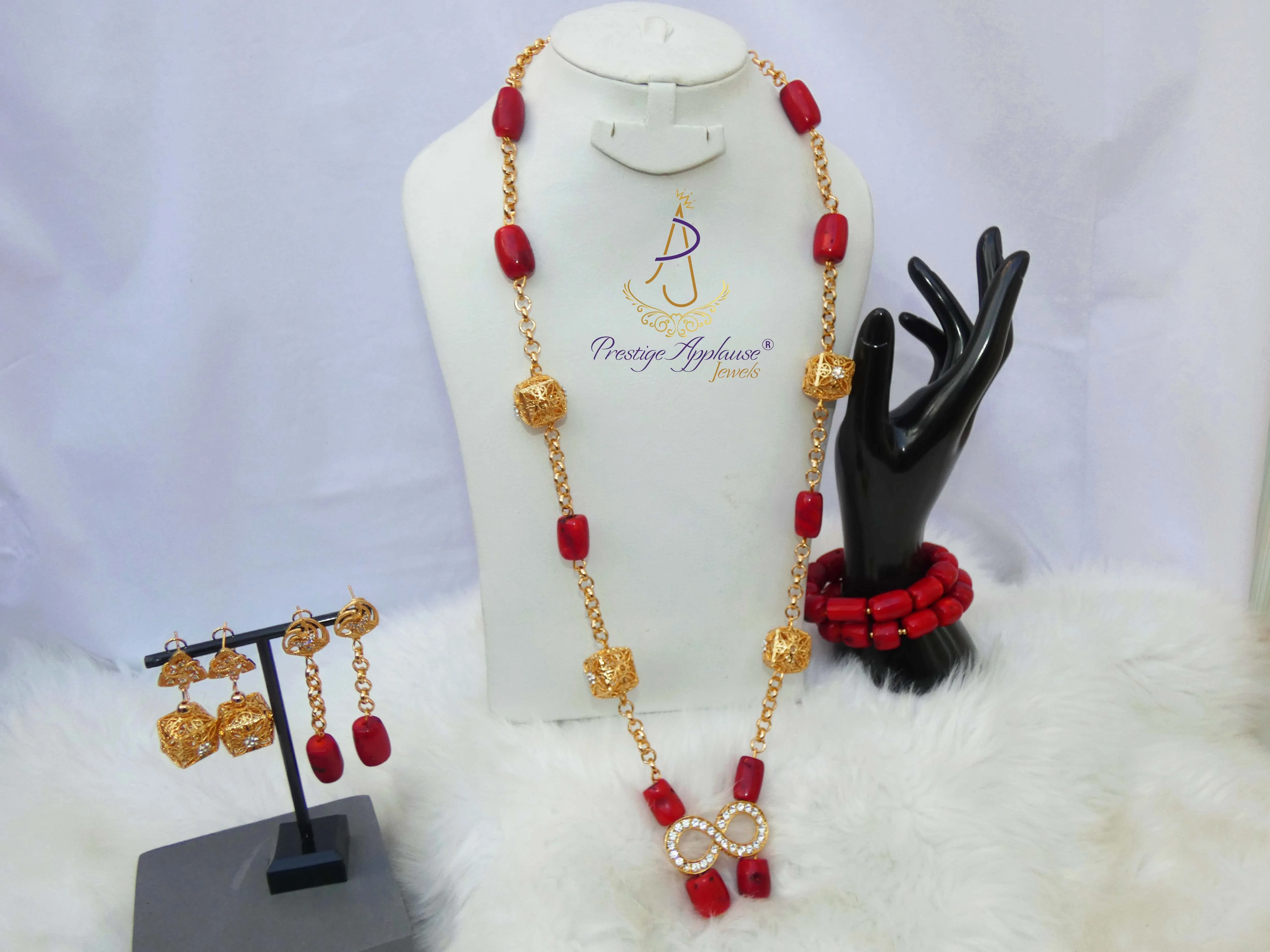 Elongated New Design Red Authentic Traditional Coral Beads with Gold Plated Necklace Jewellery Set