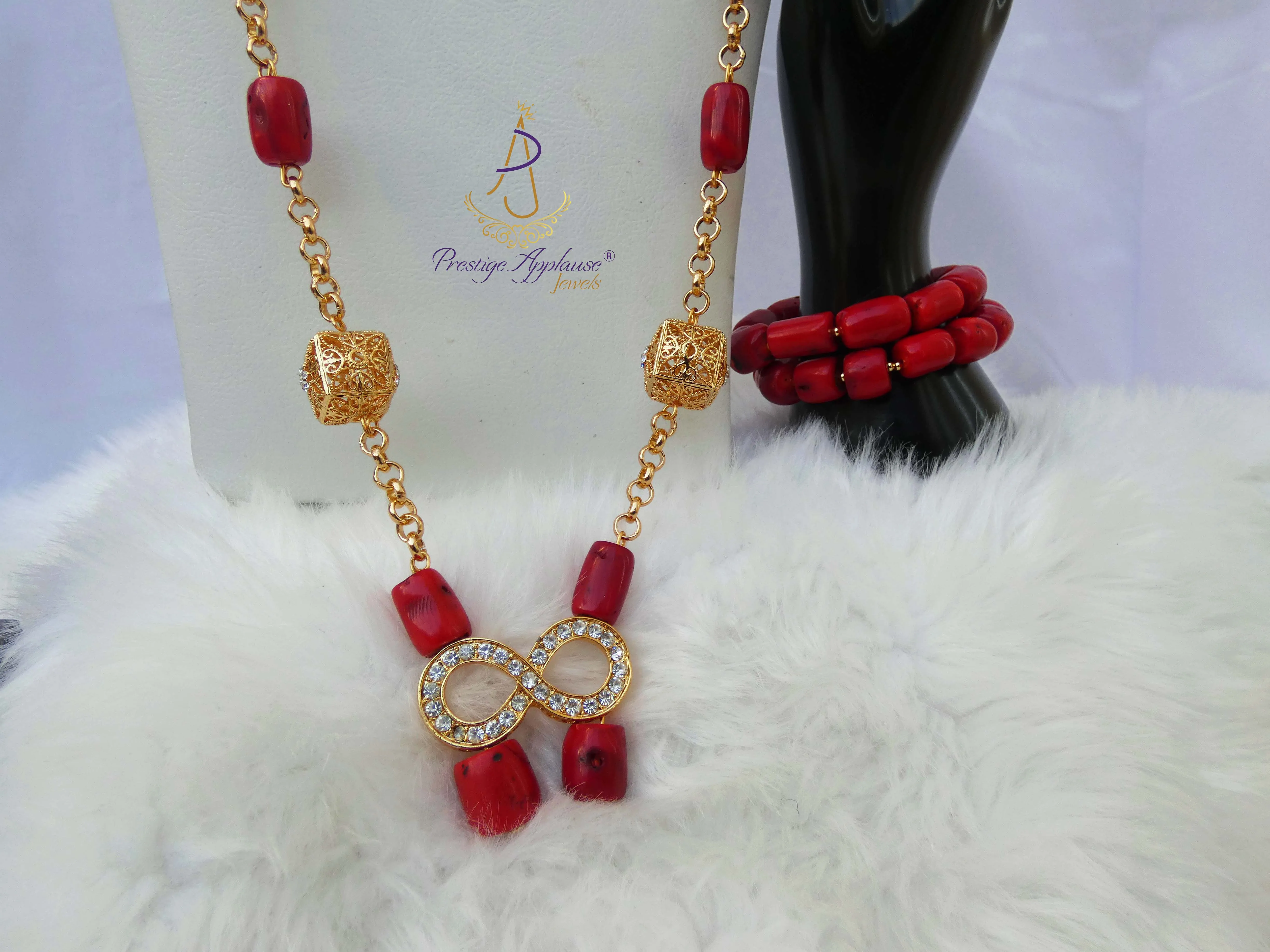 Elongated New Design Red Authentic Traditional Coral Beads with Gold Plated Necklace Jewellery Set