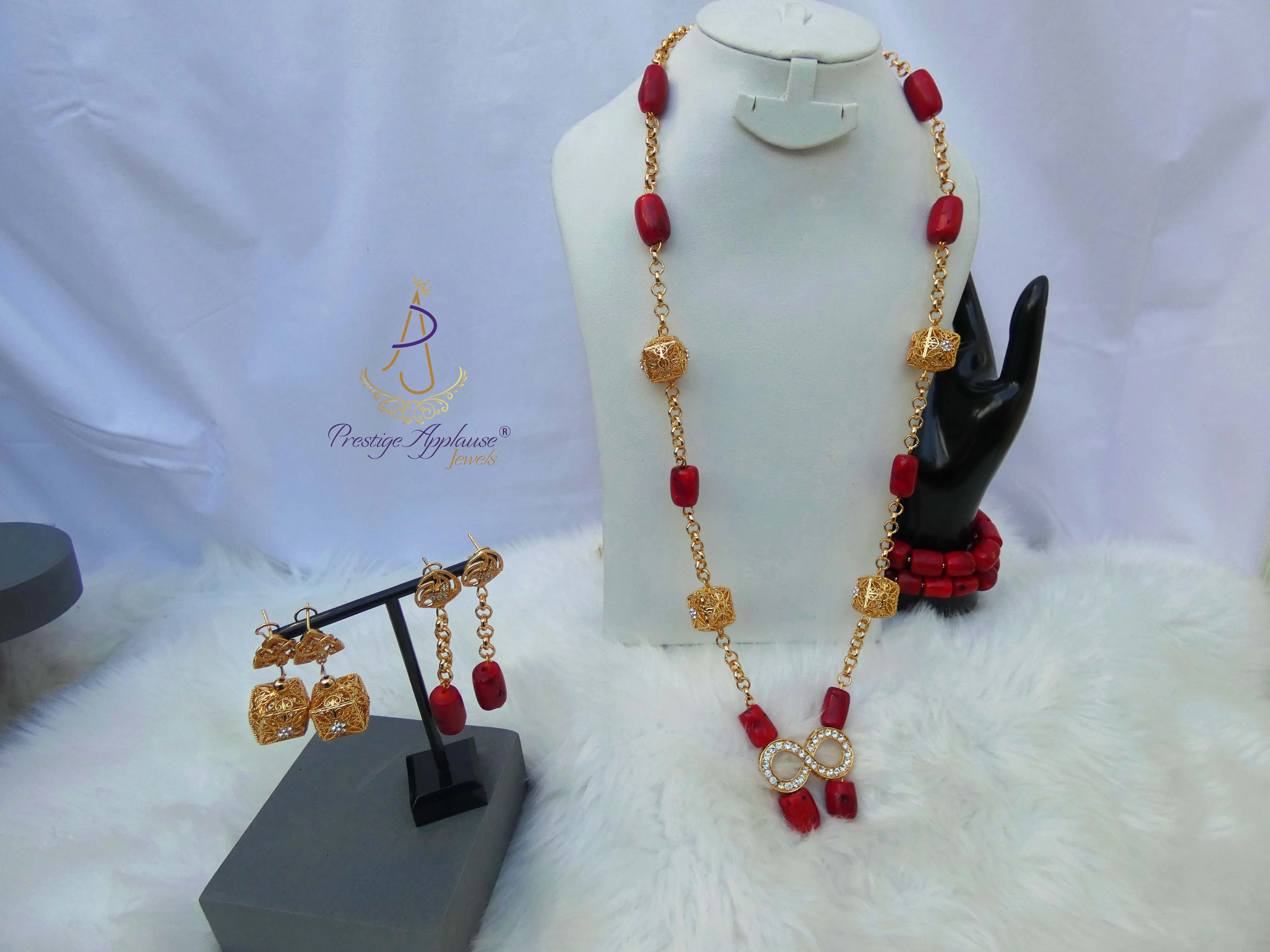 Elongated New Design Red Authentic Traditional Coral Beads with Gold Plated Necklace Jewellery Set