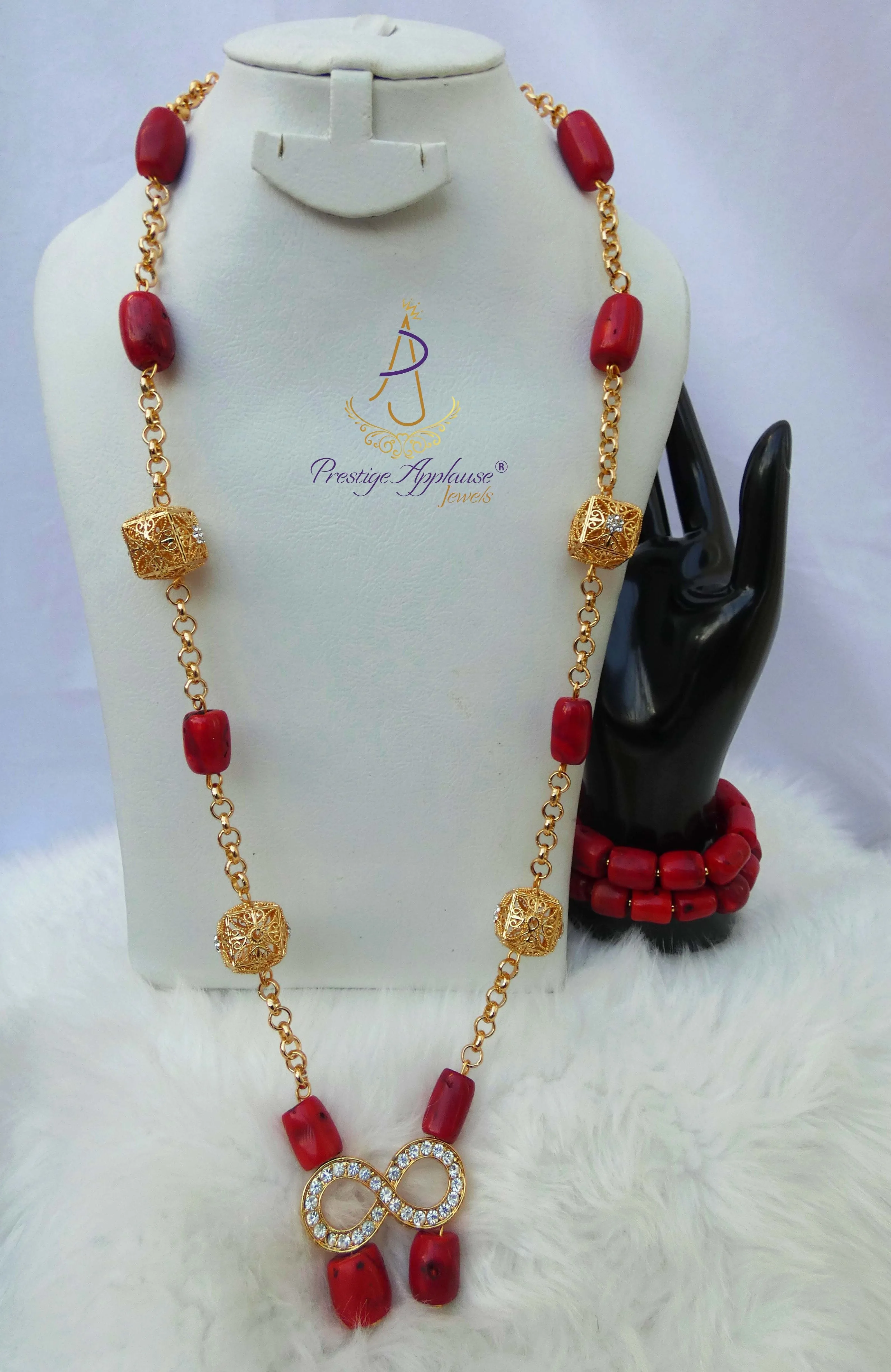 Elongated New Design Red Authentic Traditional Coral Beads with Gold Plated Necklace Jewellery Set