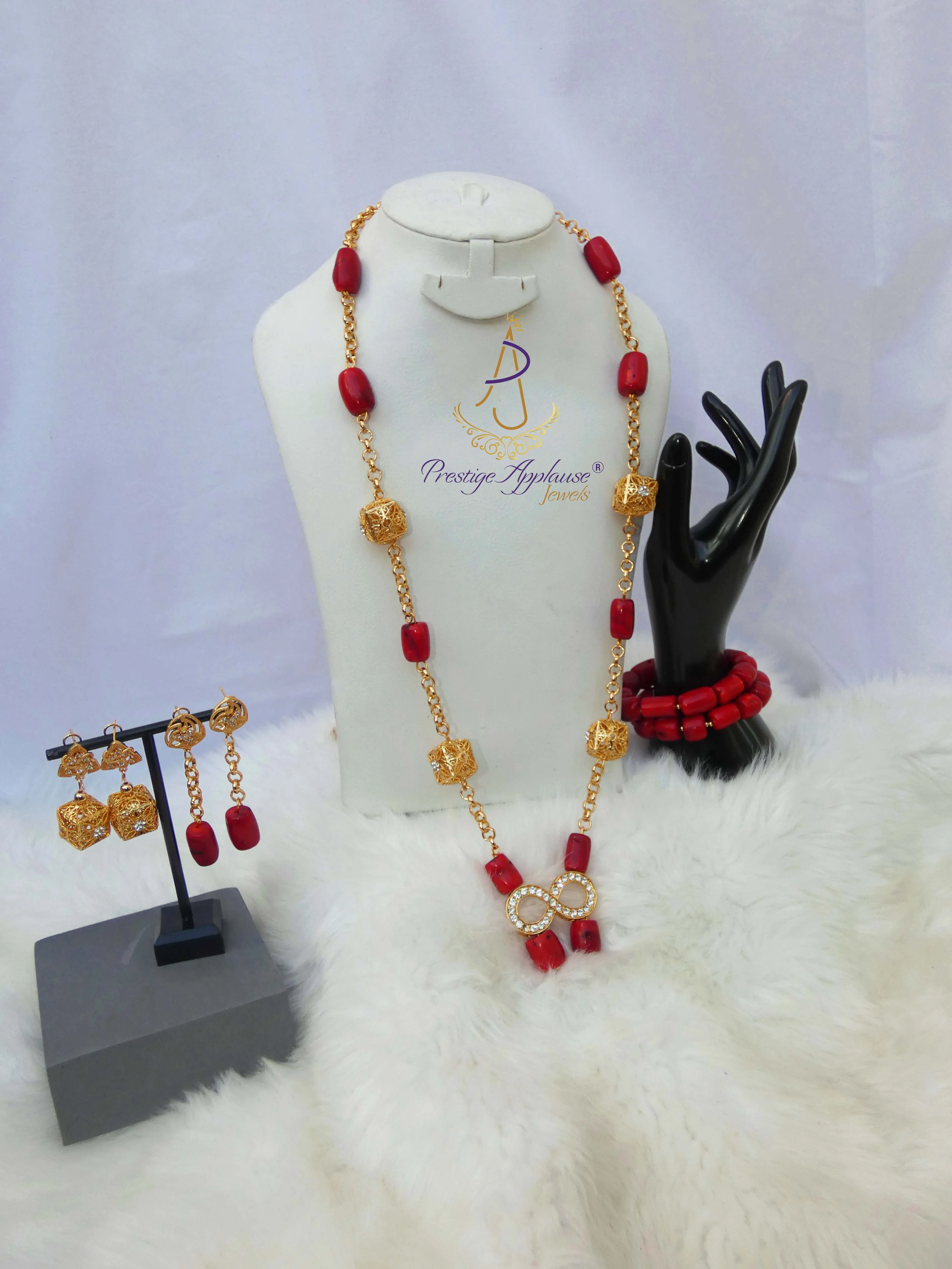 Elongated New Design Red Authentic Traditional Coral Beads with Gold Plated Necklace Jewellery Set