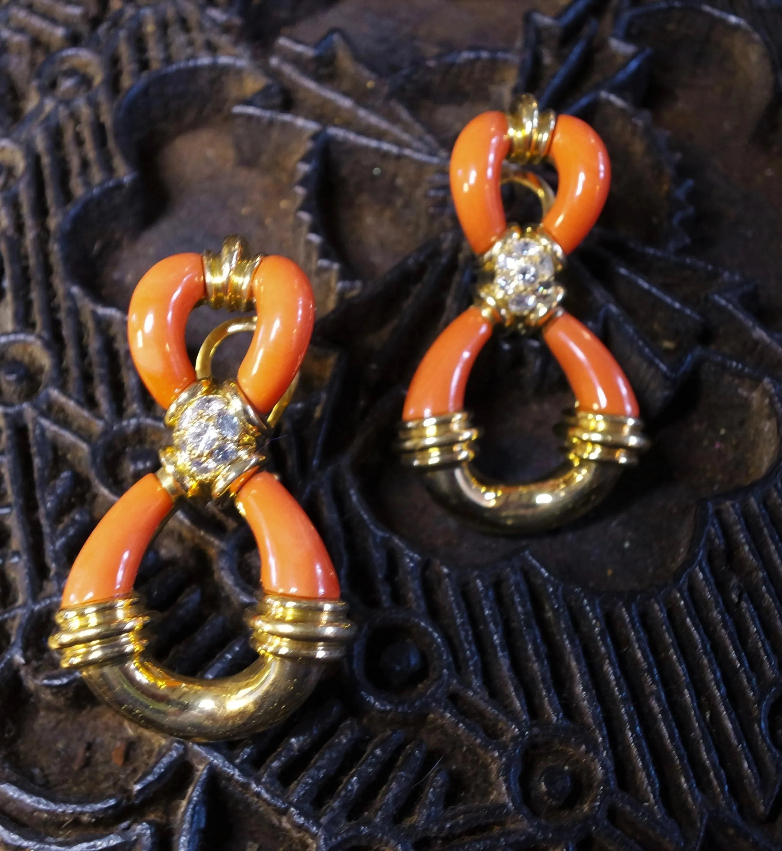 Estate 18K Yellow Gold, Coral and Diamond Doorknocker Earrings