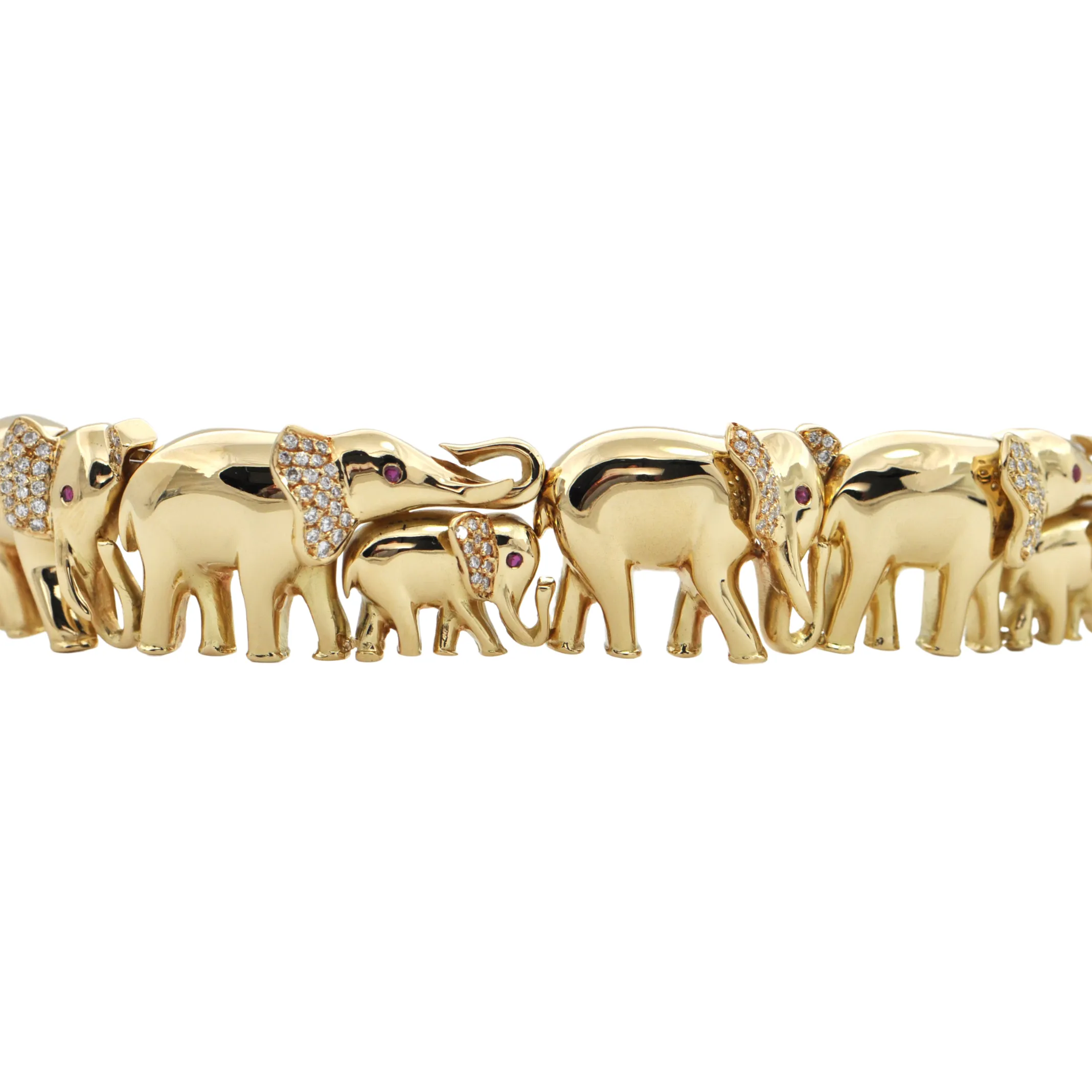 Estate Diamond and Ruby 18K Gold Elephant Link Bracelet