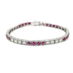 Estate Diamond Ruby Engraved Tennis Gold Bracelet