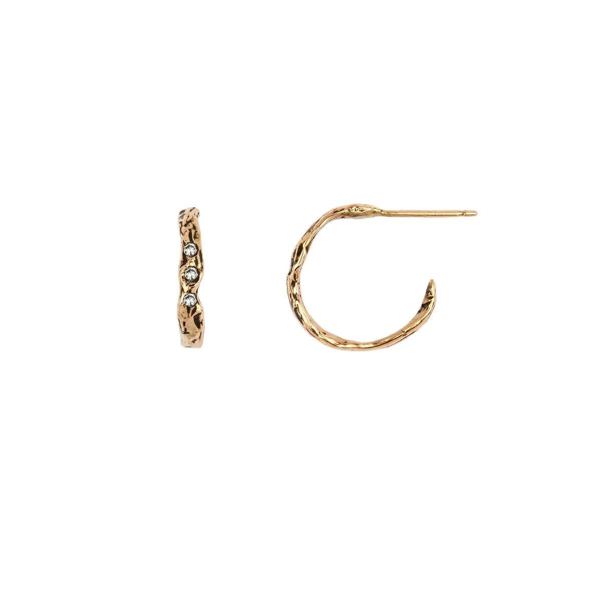 Extra Small 14K Gold Textured Triple Diamond Hoops