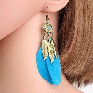 Fashionable Vintage Style Metal Blue Feather Drop Earrings