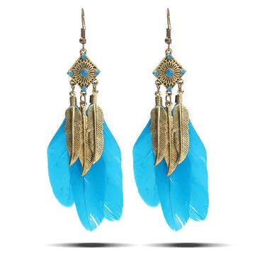 Fashionable Vintage Style Metal Blue Feather Drop Earrings