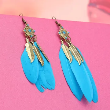 Fashionable Vintage Style Metal Blue Feather Drop Earrings