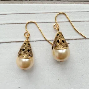 Filigree Bead Cap Pearl Earrings - 2 Pearl Color Options