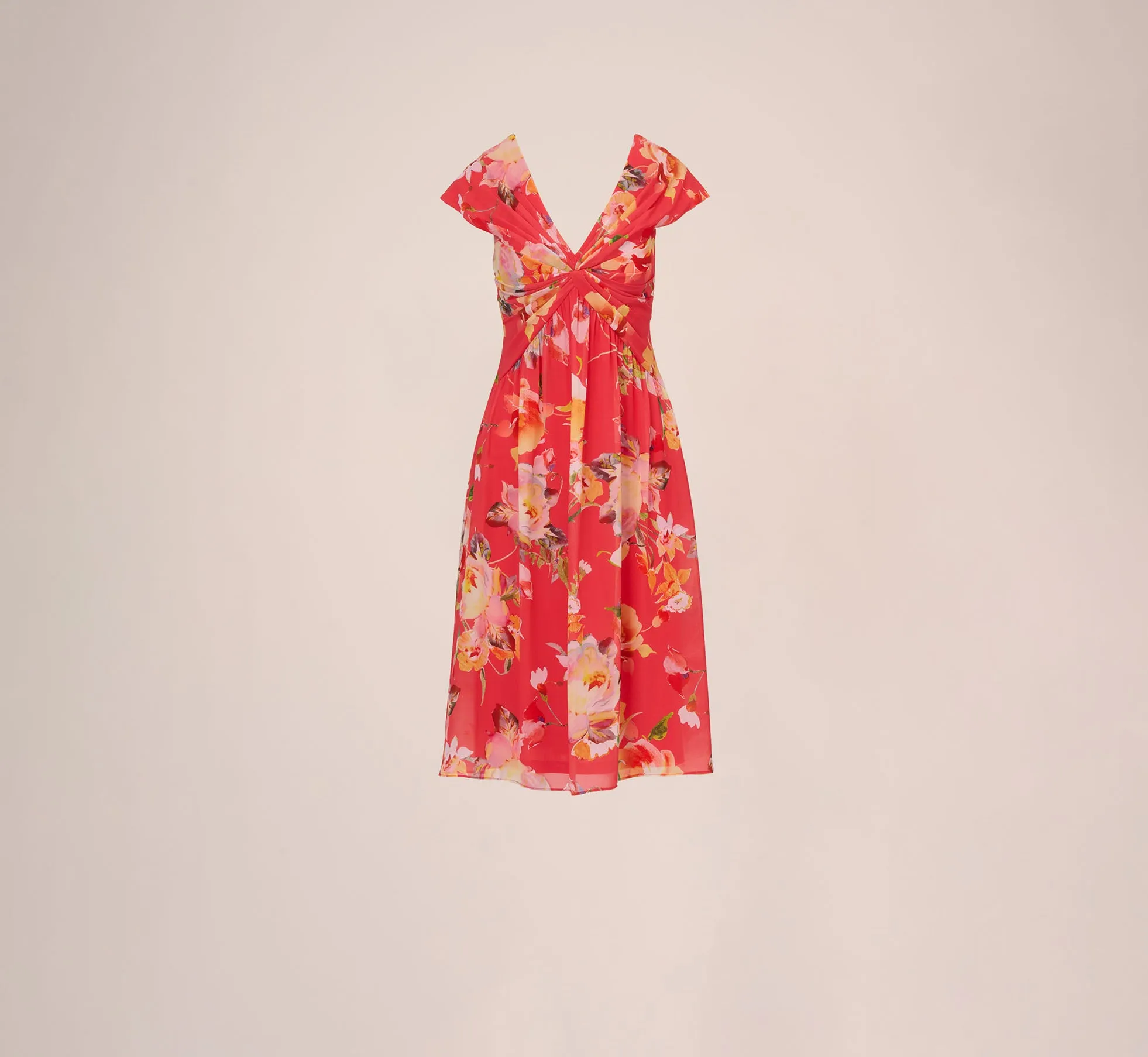 Floral Print Midi Dress With Twist Neckline In Coral Multi