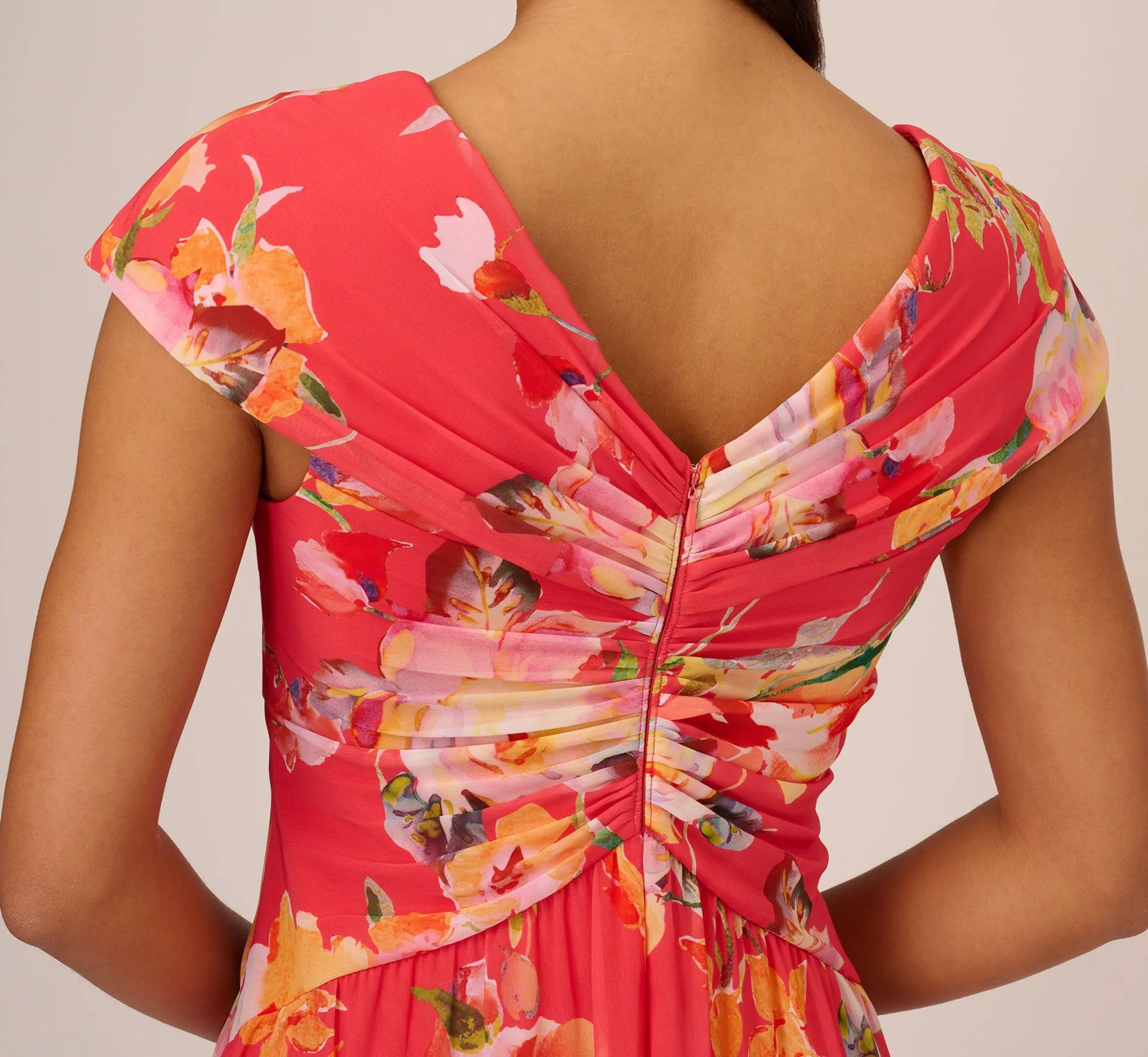 Floral Print Midi Dress With Twist Neckline In Coral Multi