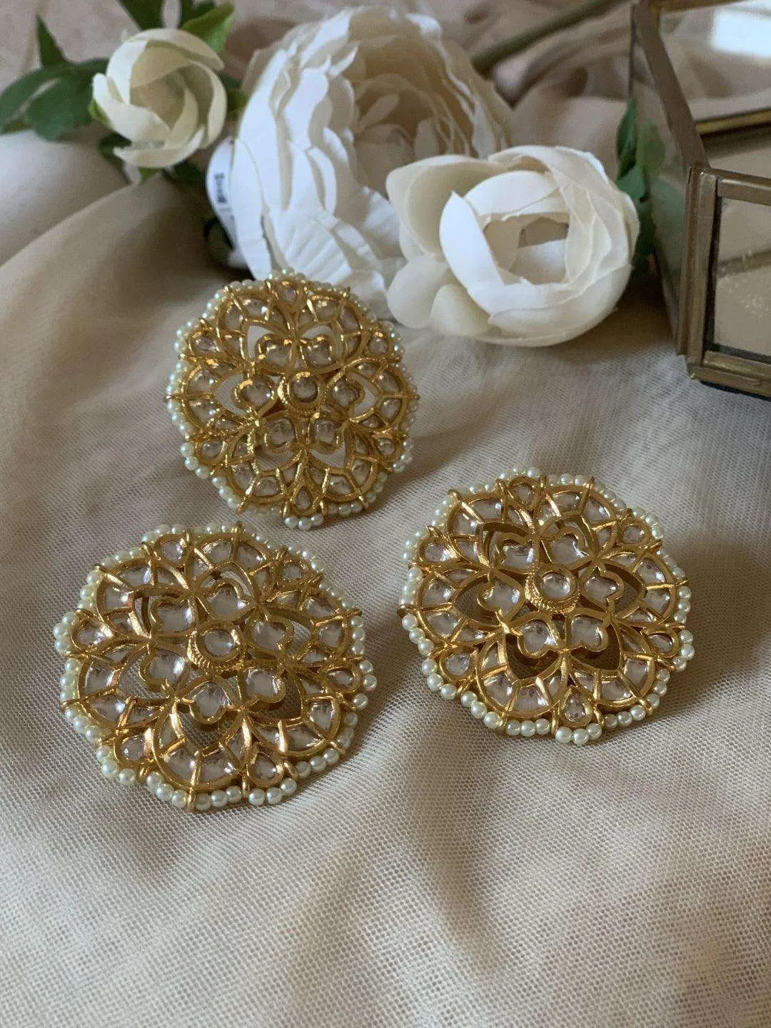 Flower Polki Kundan Studs And Ring