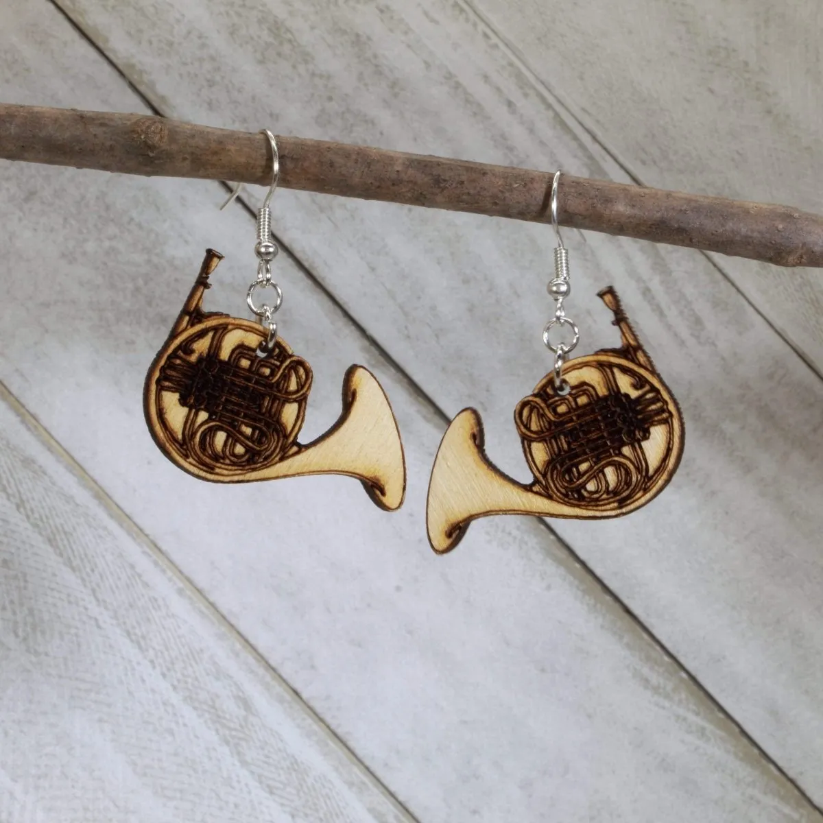 French Horn Wooden Dangle Earrings by Cate's Concepts, LLC