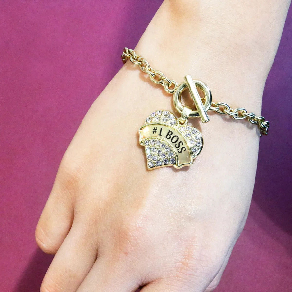 Gold #1 Boss Pave Heart Charm Toggle Bracelet