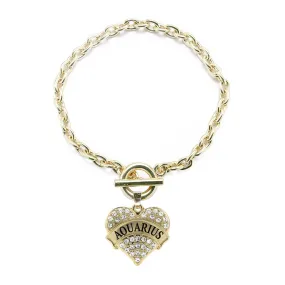 Gold Aquarius Zodiac Pave Heart Charm Toggle Bracelet