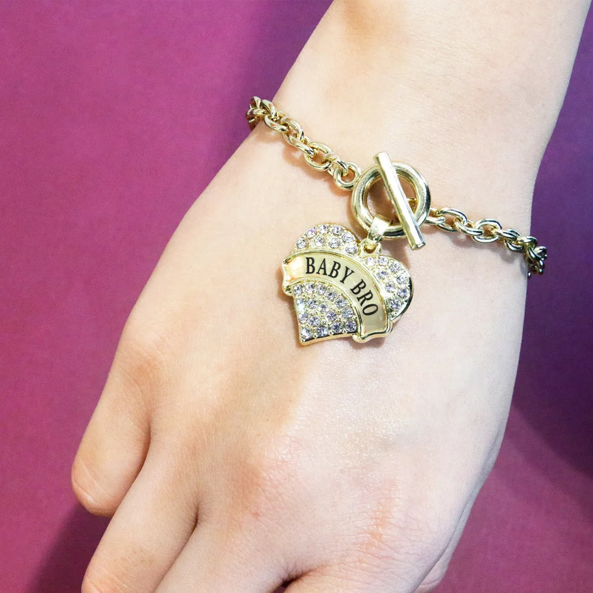 Gold Baby Bro Pave Heart Charm Toggle Bracelet