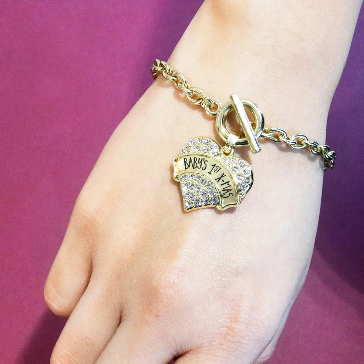 Gold Baby's 1st X-Mas Pave Heart Charm Toggle Bracelet