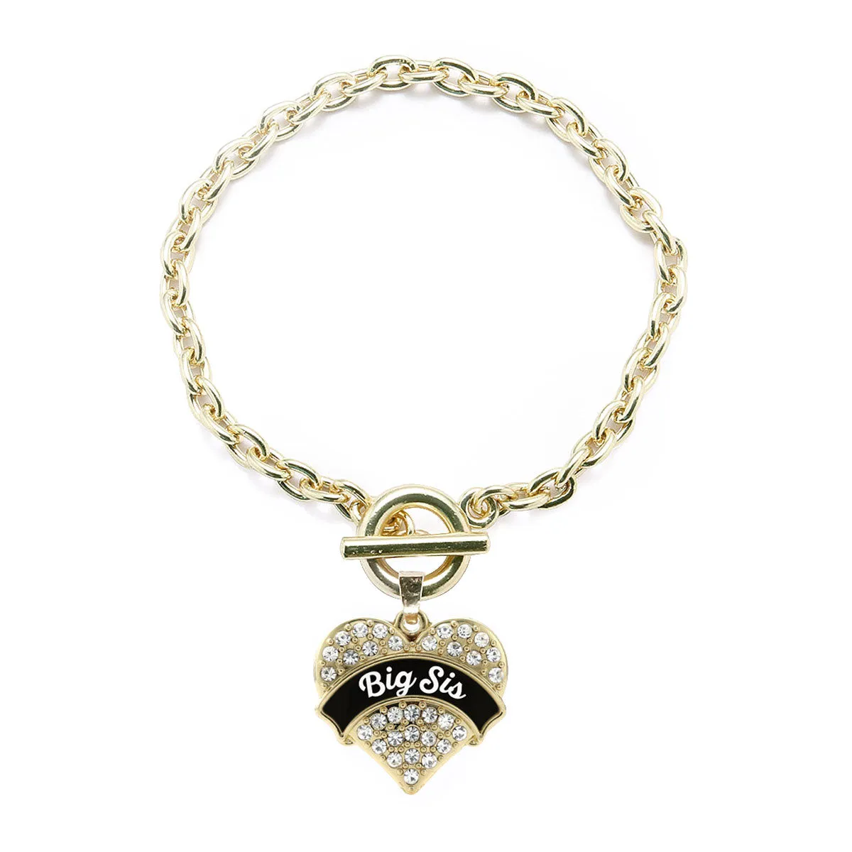 Gold Black and White Big Sister Pave Heart Charm Toggle Bracelet