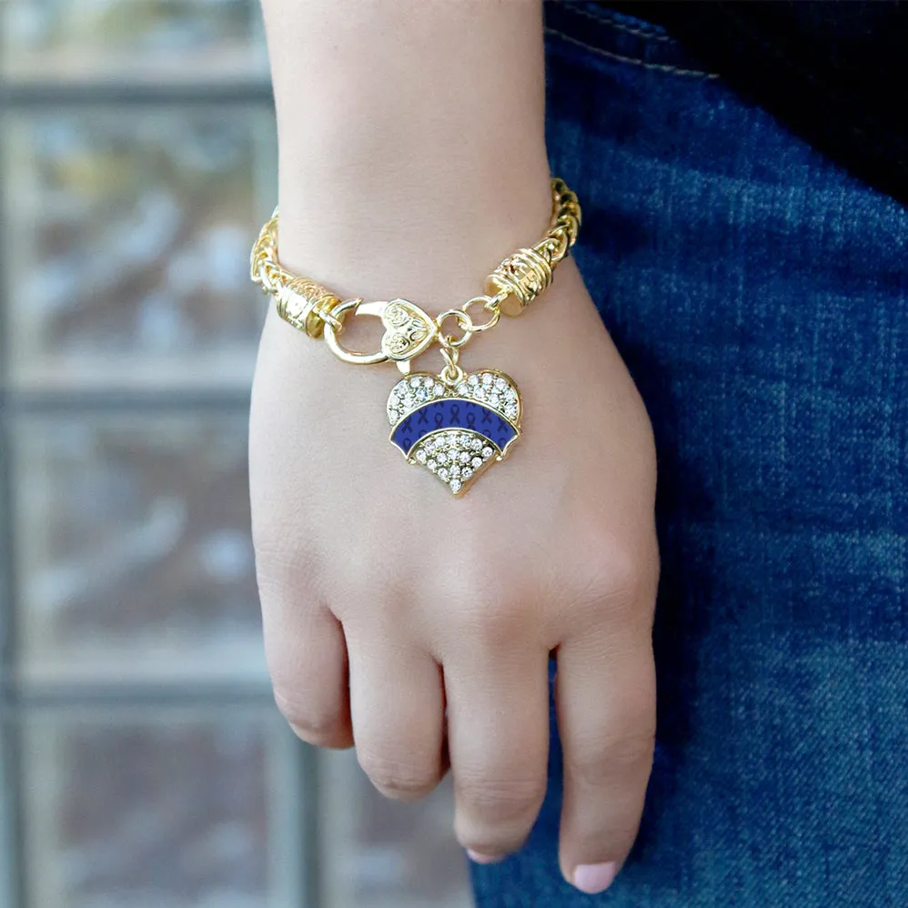 Gold Blue Ribbon Support Pave Heart Charm Braided Bracelet