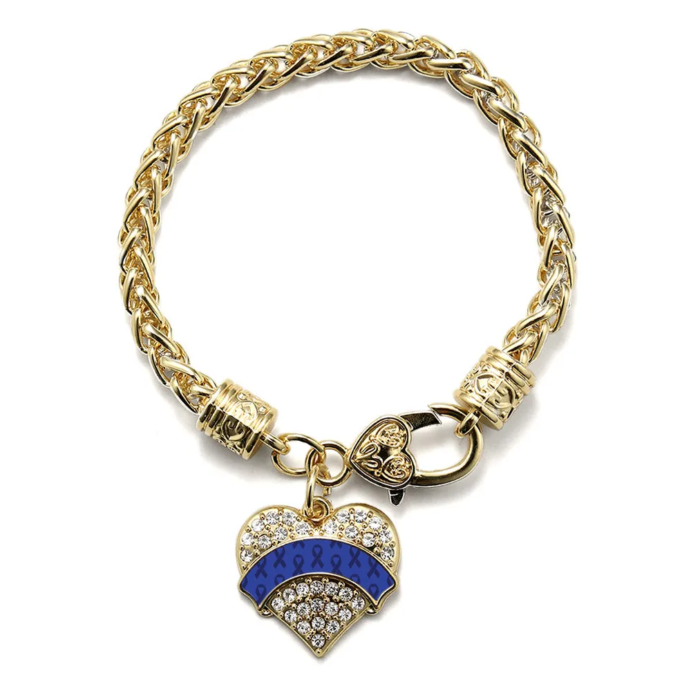 Gold Blue Ribbon Support Pave Heart Charm Braided Bracelet