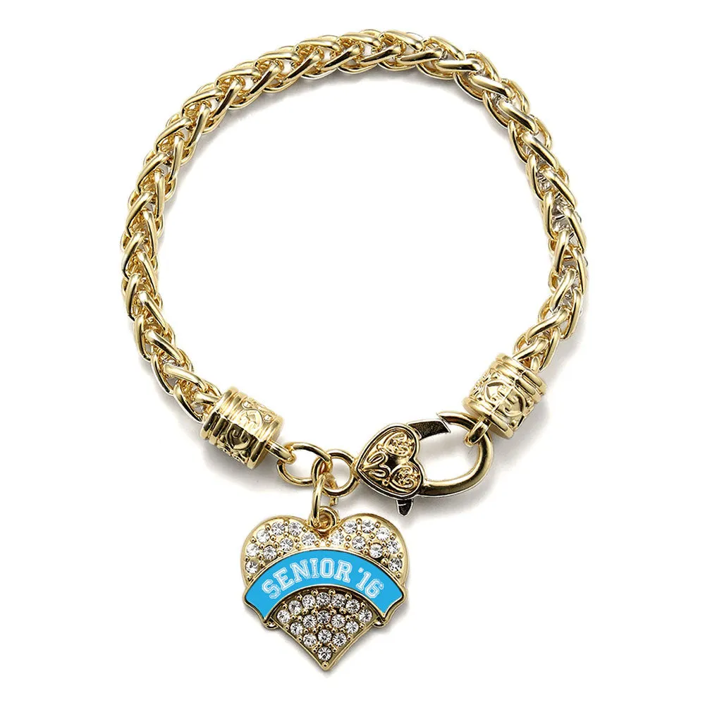 Gold Blue Senior 2016 Pave Heart Charm Braided Bracelet