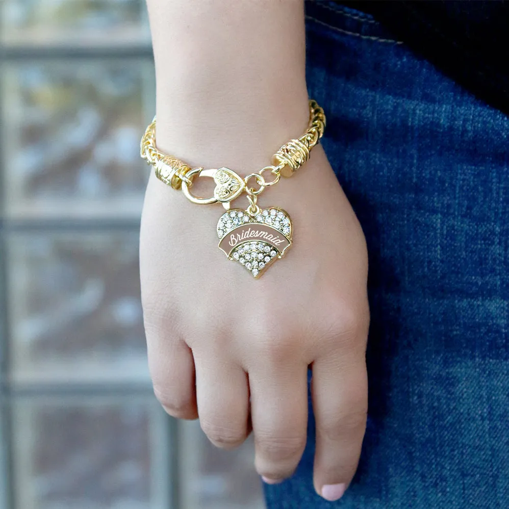 Gold Brown and White Bridesmaid Pave Heart Charm Braided Bracelet