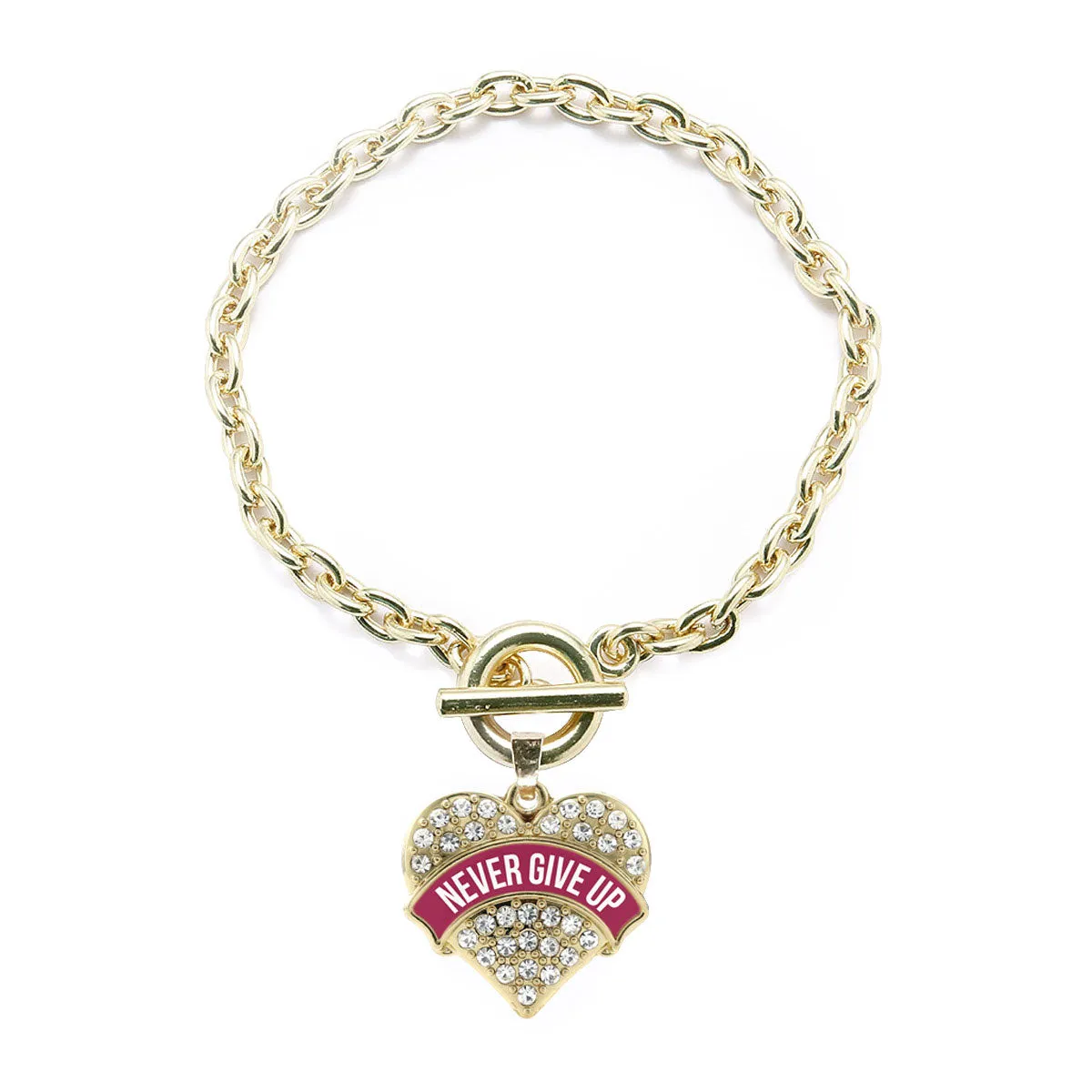 Gold Burgundy Banner Never Give Up Pave Heart Charm Toggle Bracelet