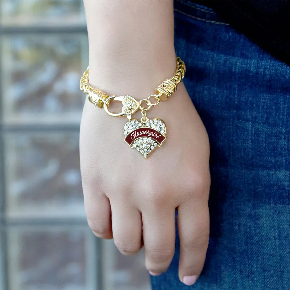 Gold Burgundy Flower Girl Pave Heart Charm Braided Bracelet