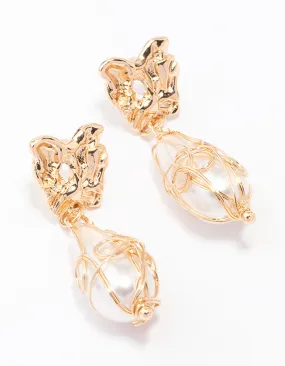 Gold Butterfly & Pearl Drop Earrings