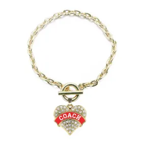 Gold Coach - Red and White Pave Heart Charm Toggle Bracelet