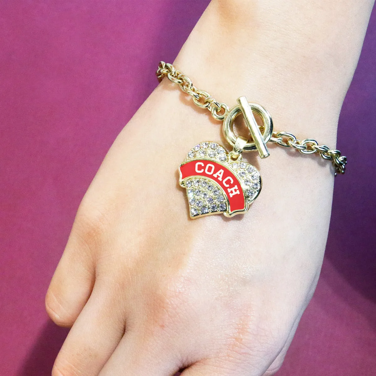 Gold Coach - Red and White Pave Heart Charm Toggle Bracelet