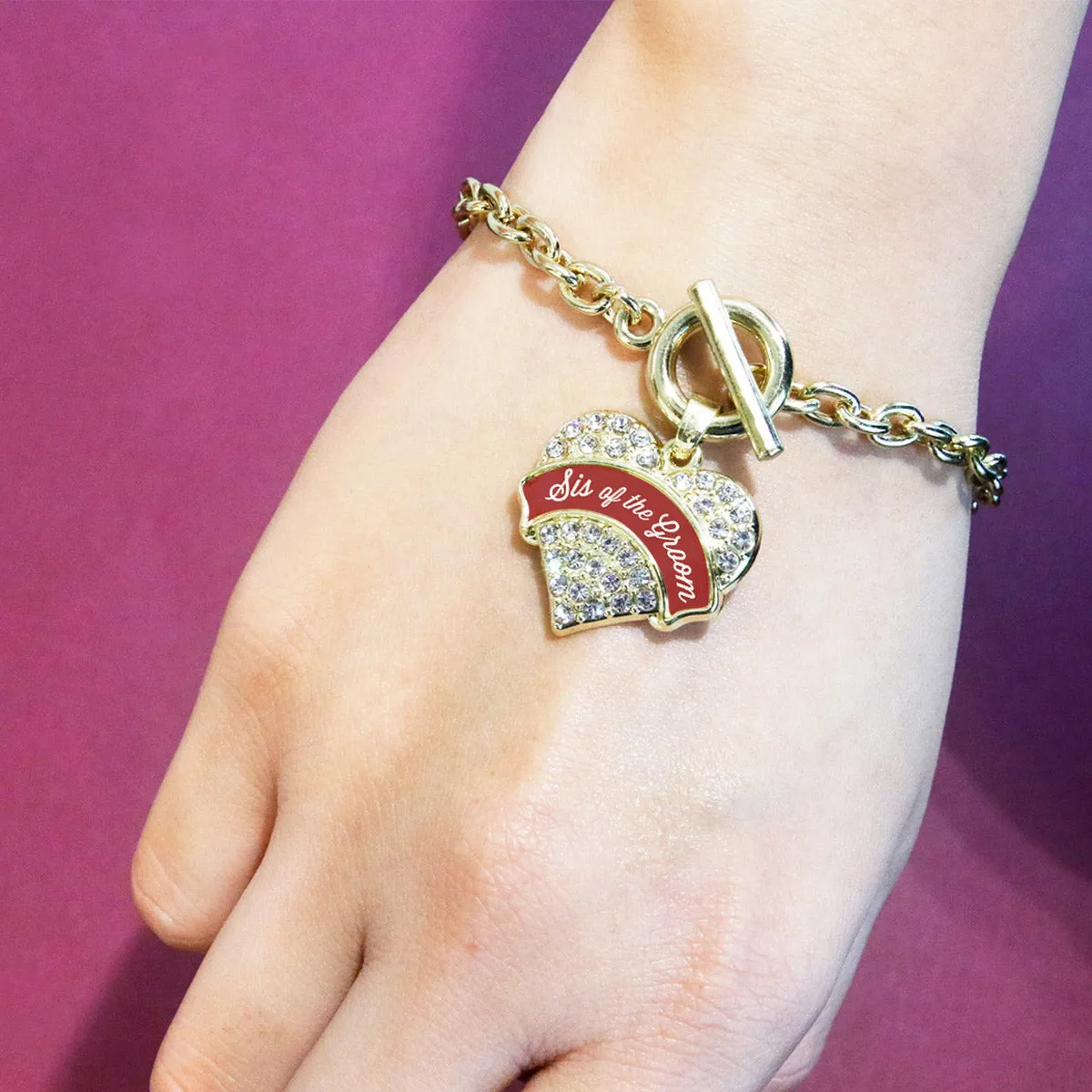 Gold Crimson Red Sis of the Groom Pave Heart Charm Toggle Bracelet