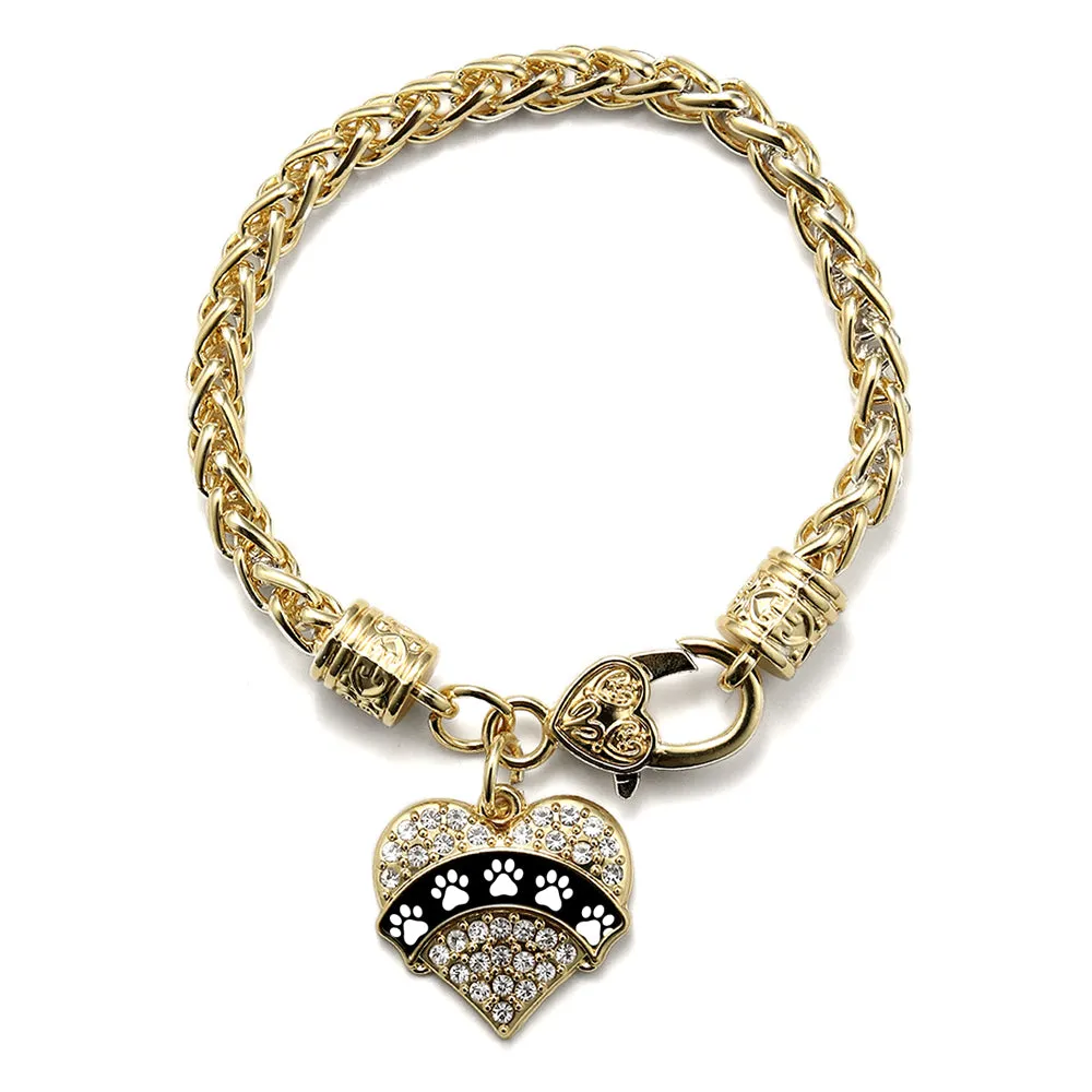 Gold Cute Paw Prints Pave Heart Charm Braided Bracelet