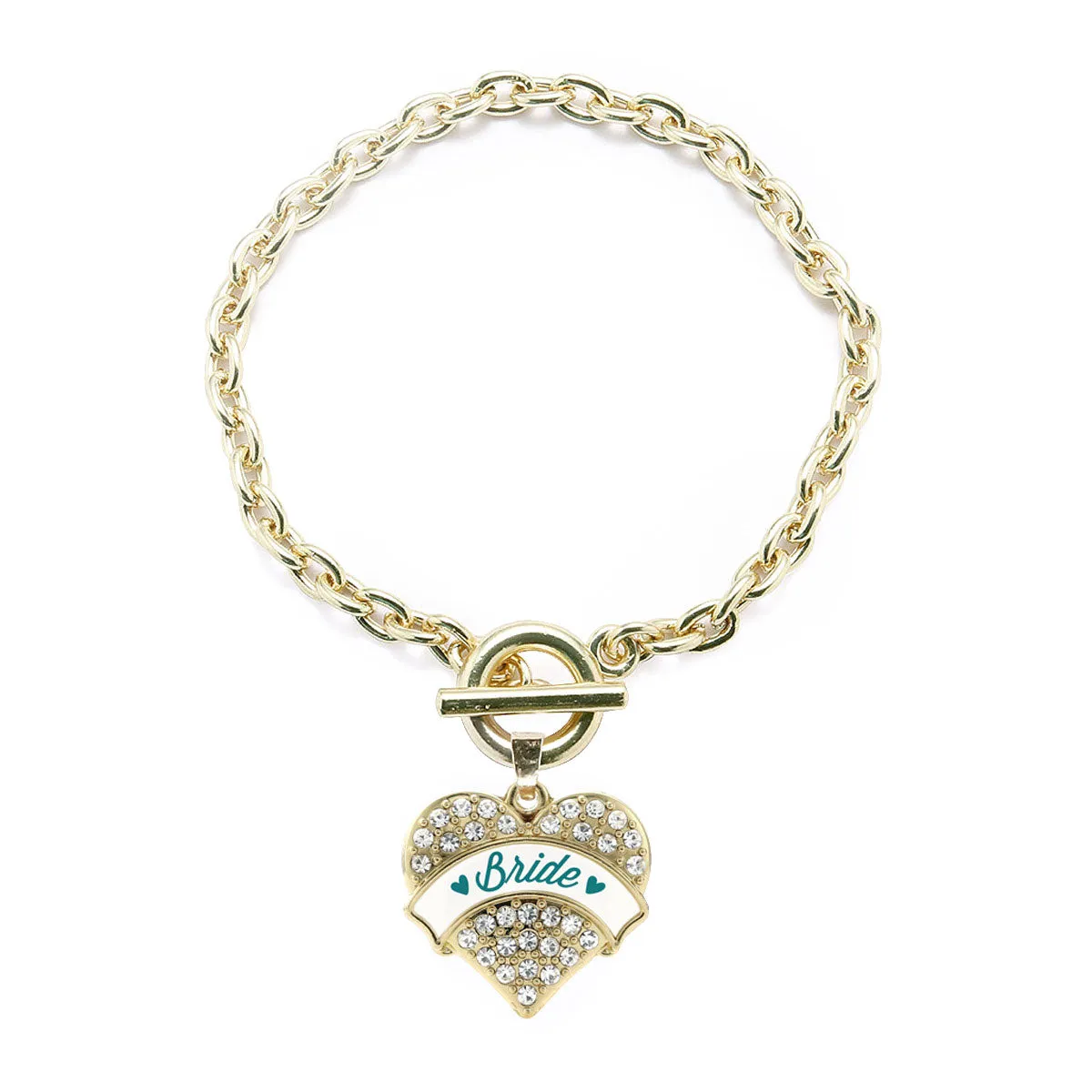 Gold Dark Teal Bride Pave Heart Charm Toggle Bracelet