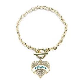 Gold Dark Teal Bride Pave Heart Charm Toggle Bracelet