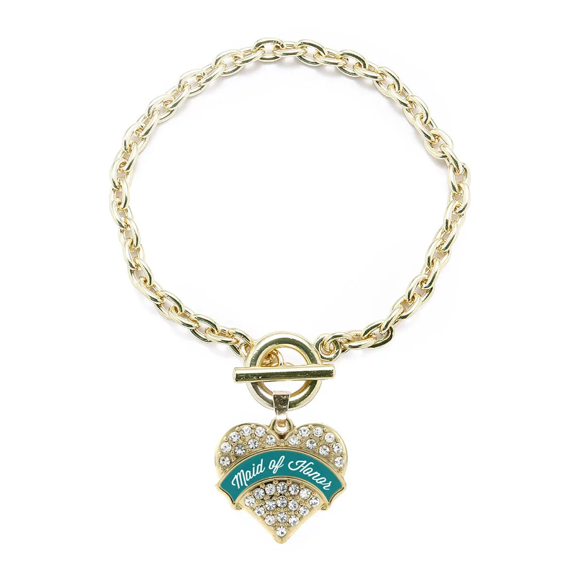 Gold Dark Teal Maid of Honor Pave Heart Charm Toggle Bracelet