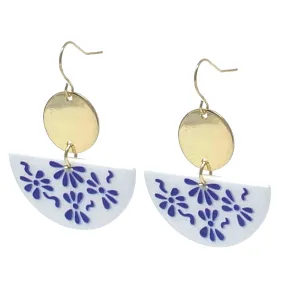 Gold Disc White Resin Half Circle Fan Earrings