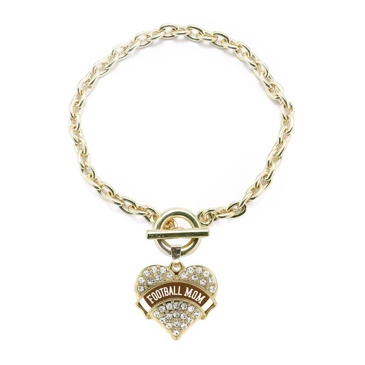 Gold Football Mom Design Pave Heart Charm Toggle Bracelet