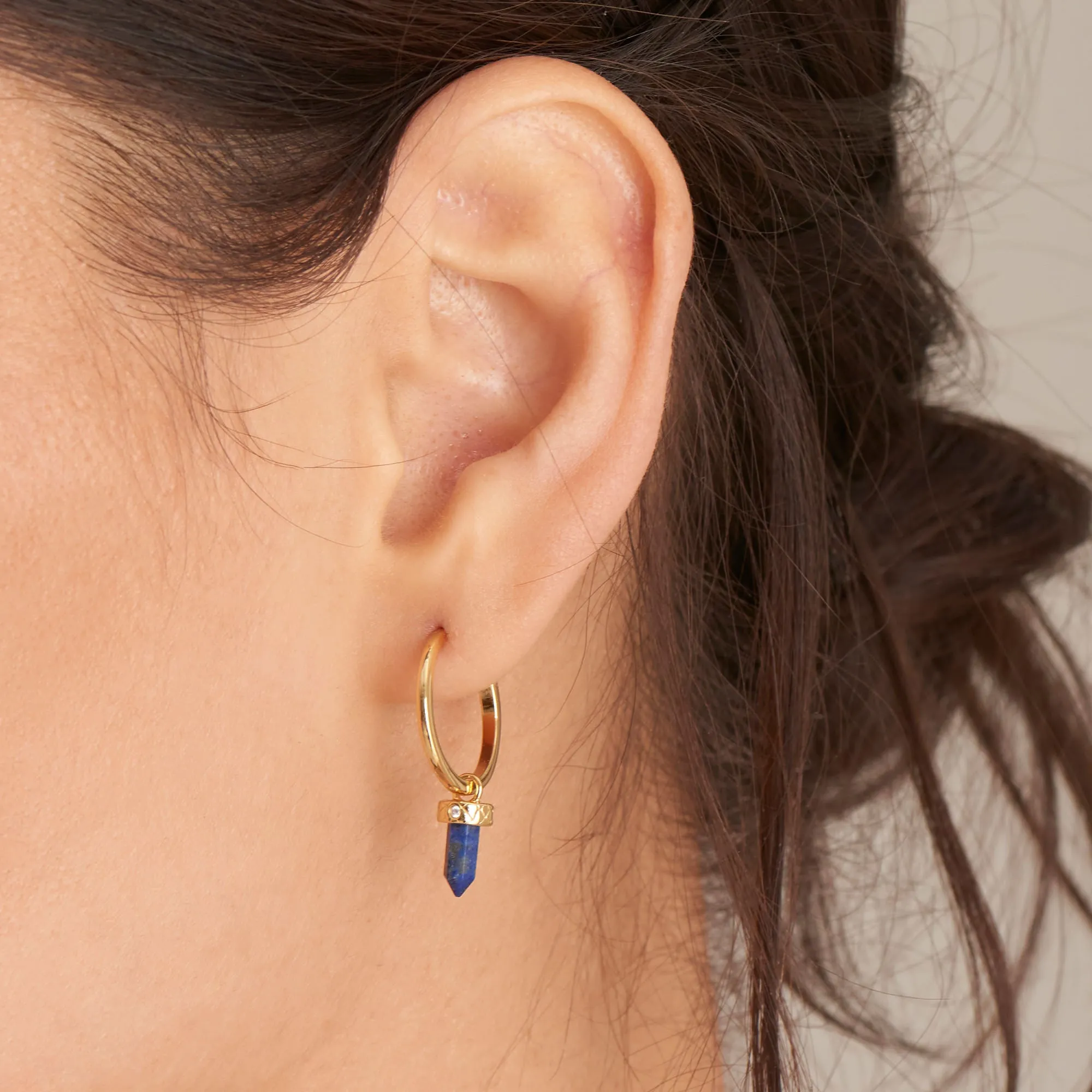 Gold Lapis Point Pendant Small Hoop Earrings