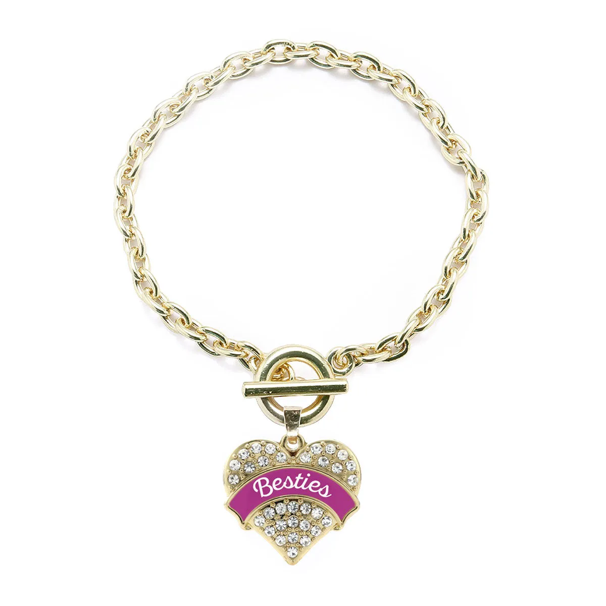 Gold Magenta Besties Pave Heart Charm Toggle Bracelet