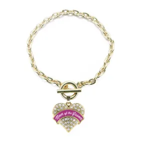 Gold Magenta Mom of Groom Pave Heart Charm Toggle Bracelet