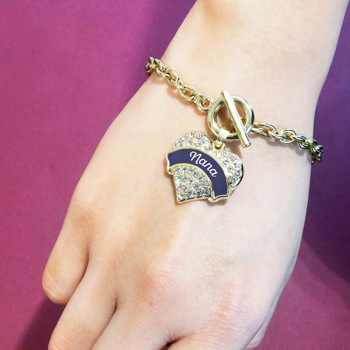 Gold Navy Blue Nana Pave Heart Charm Toggle Bracelet