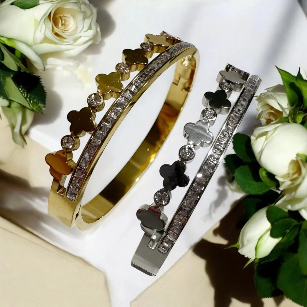 Gold or silver clover bangles | rhinestones embossed | shinny bangle
