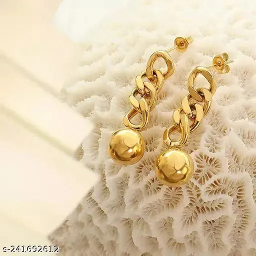 Gold Plated Stainless Steel Links Chain With Drop Ball Earrings