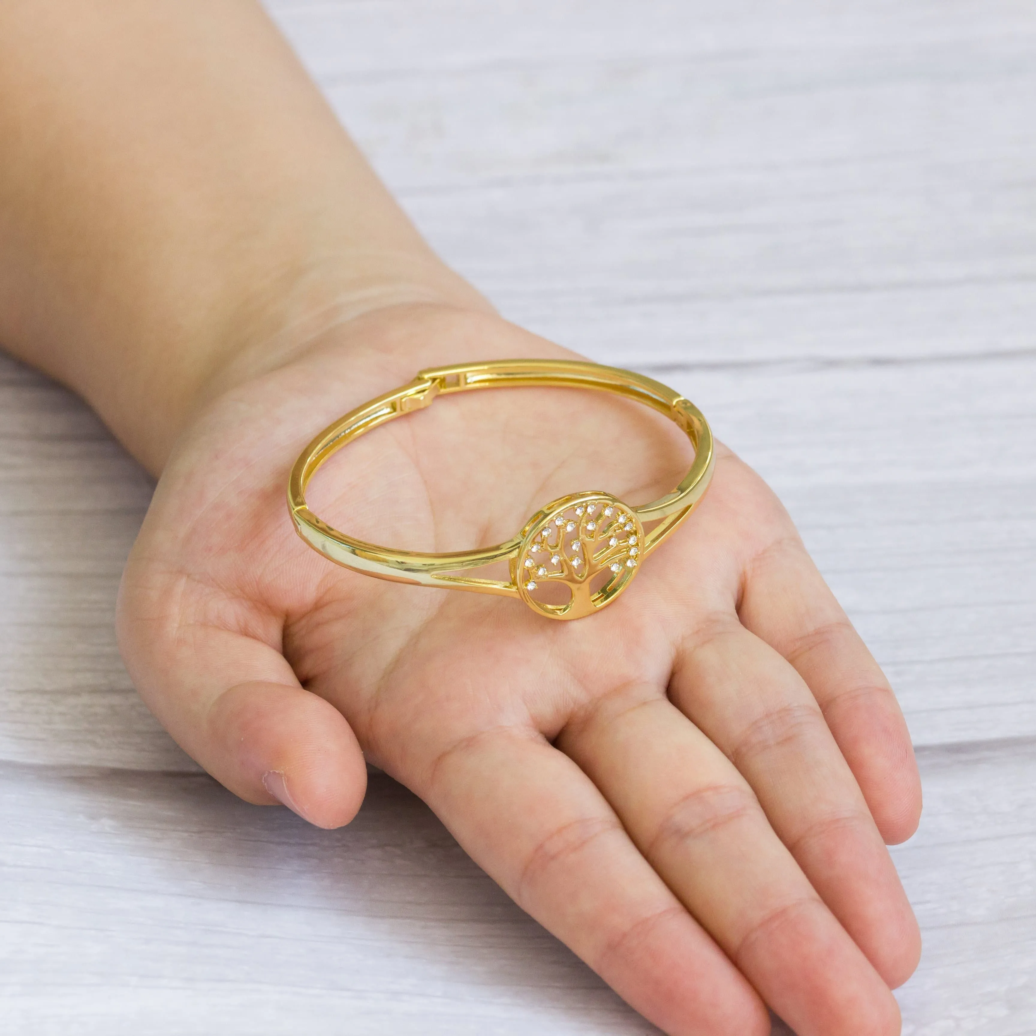 Gold Plated Tree of Life Bangle Created with Zircondia® Crystals (7 Inch)