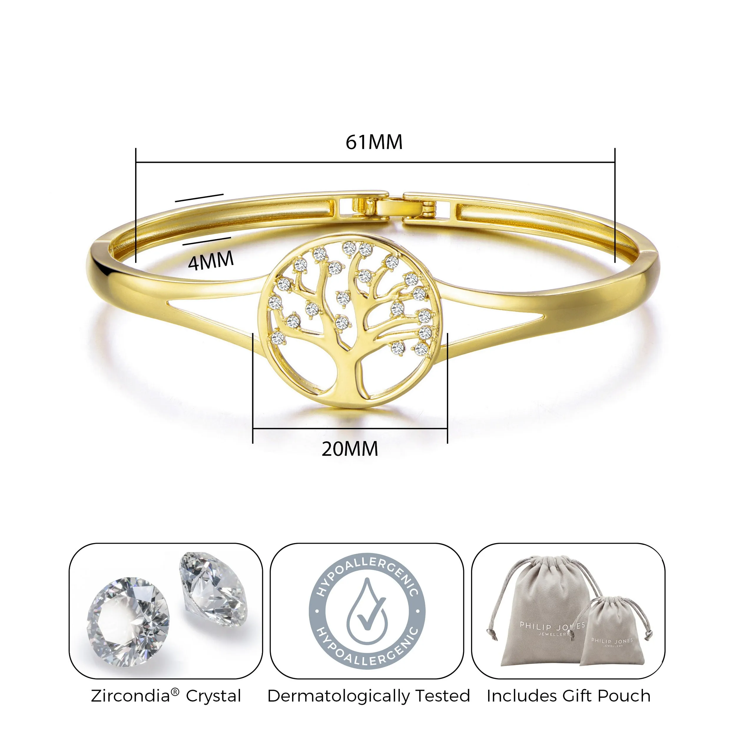 Gold Plated Tree of Life Bangle Created with Zircondia® Crystals (7 Inch)