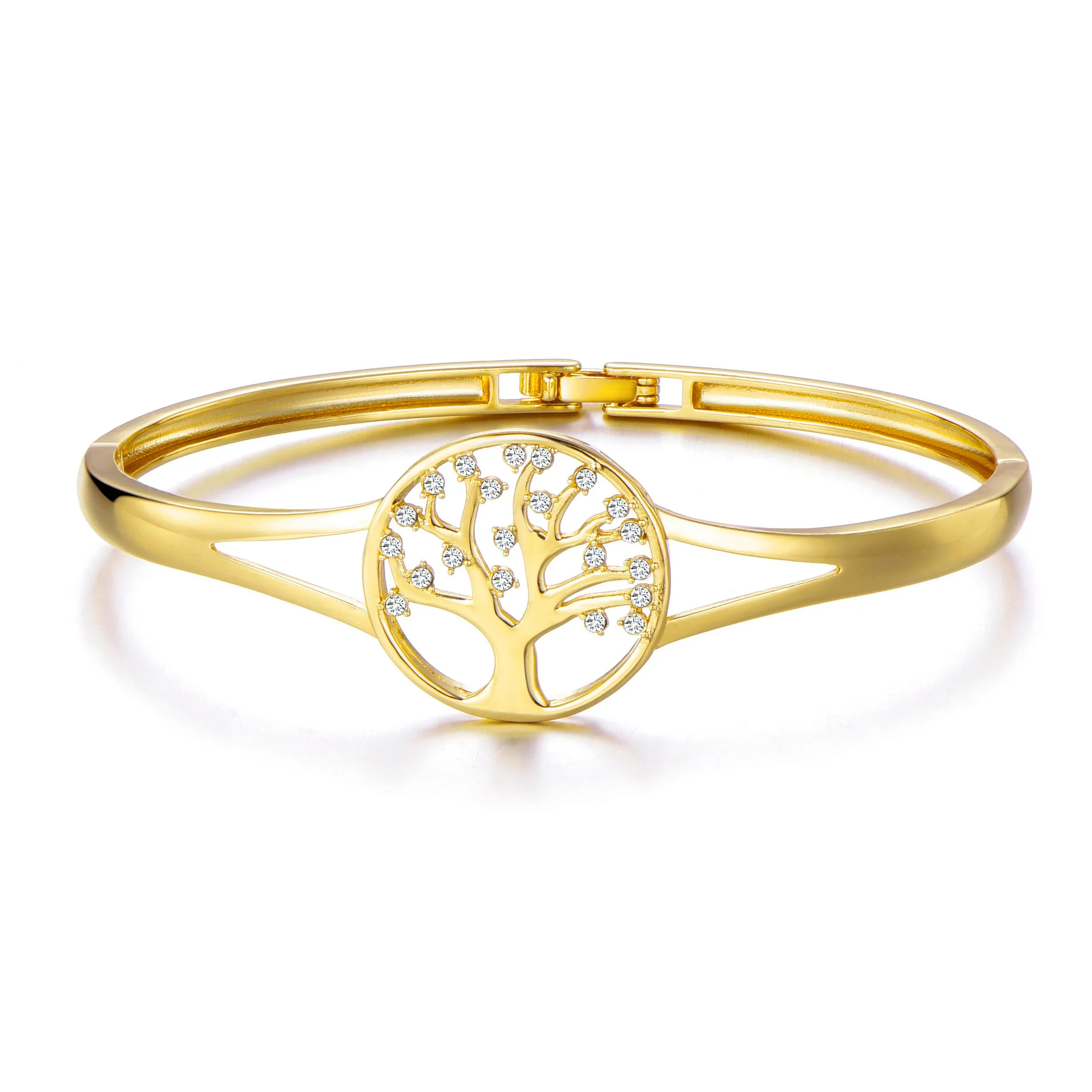 Gold Plated Tree of Life Bangle Created with Zircondia® Crystals (7 Inch)