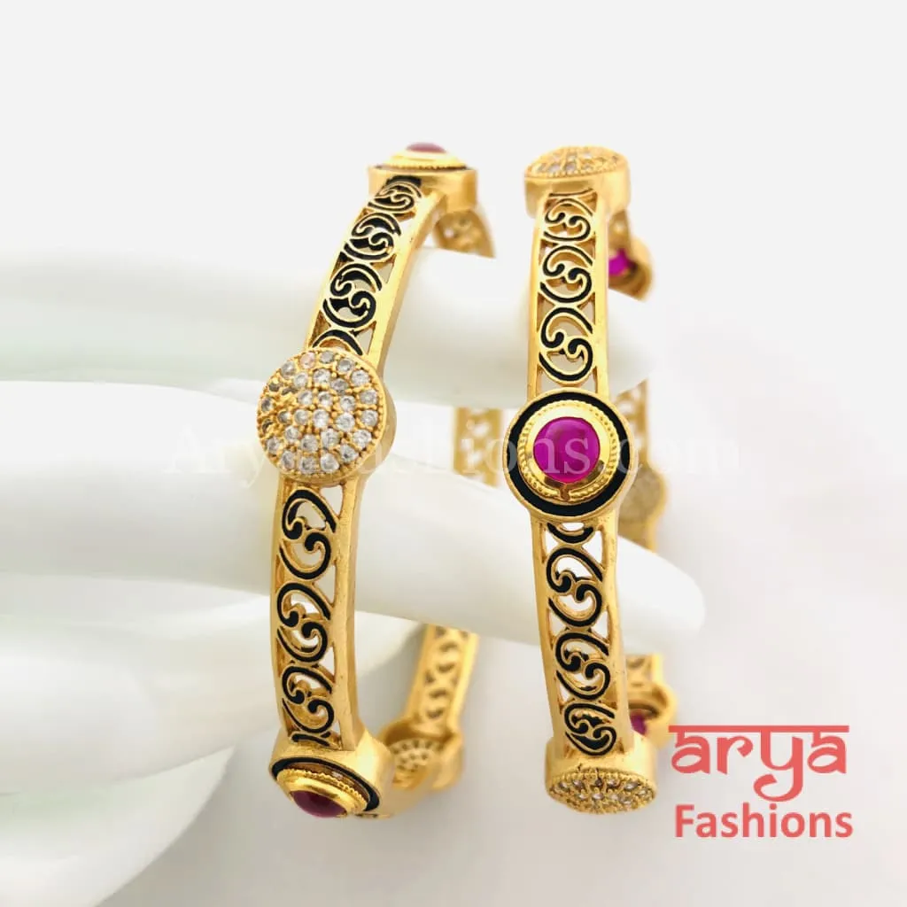 Golden Black Meenakari CZ Bangles with Ruby Kemp Stones