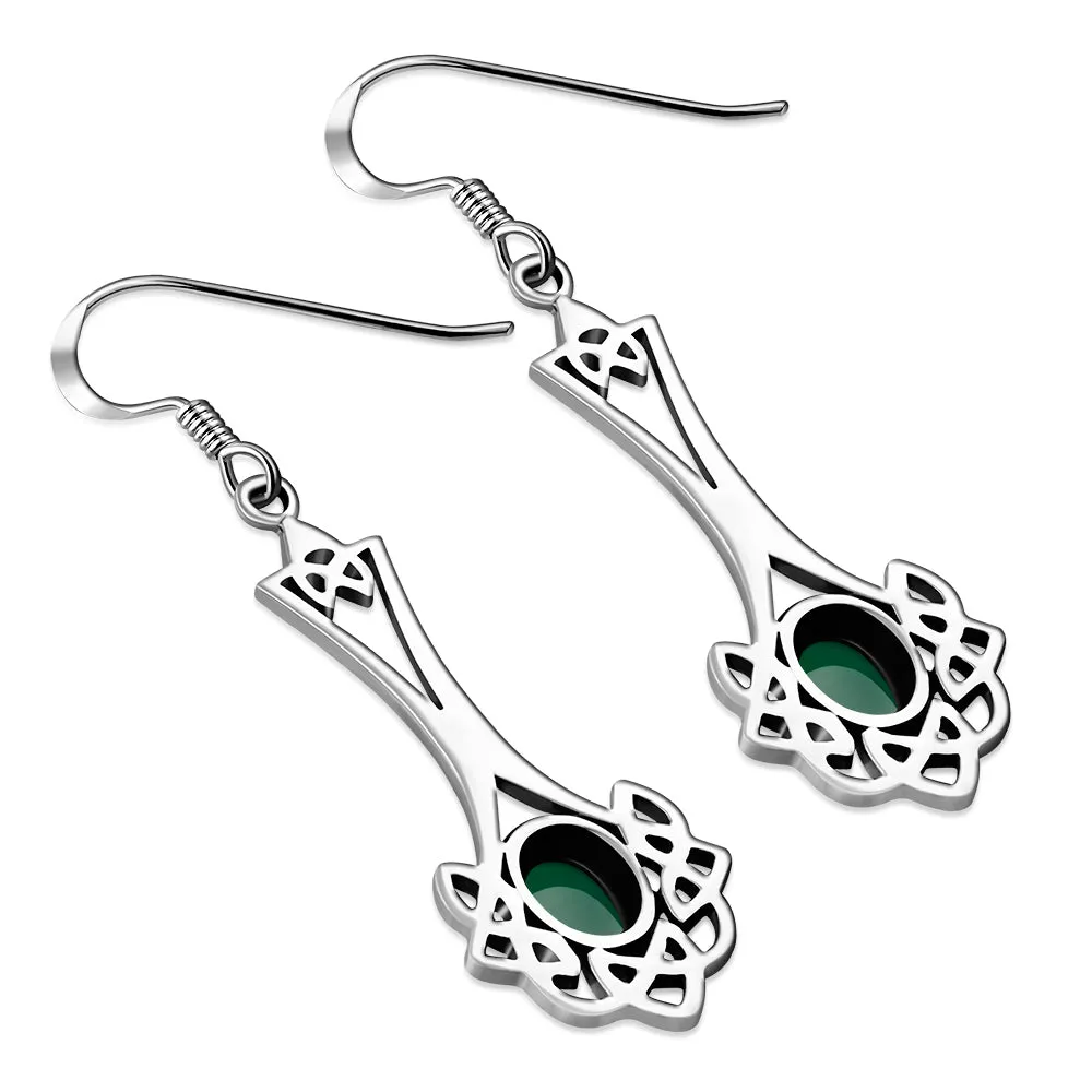 Green Agate Celtic Knot Silver Long Drop Dangle Hook Earrings